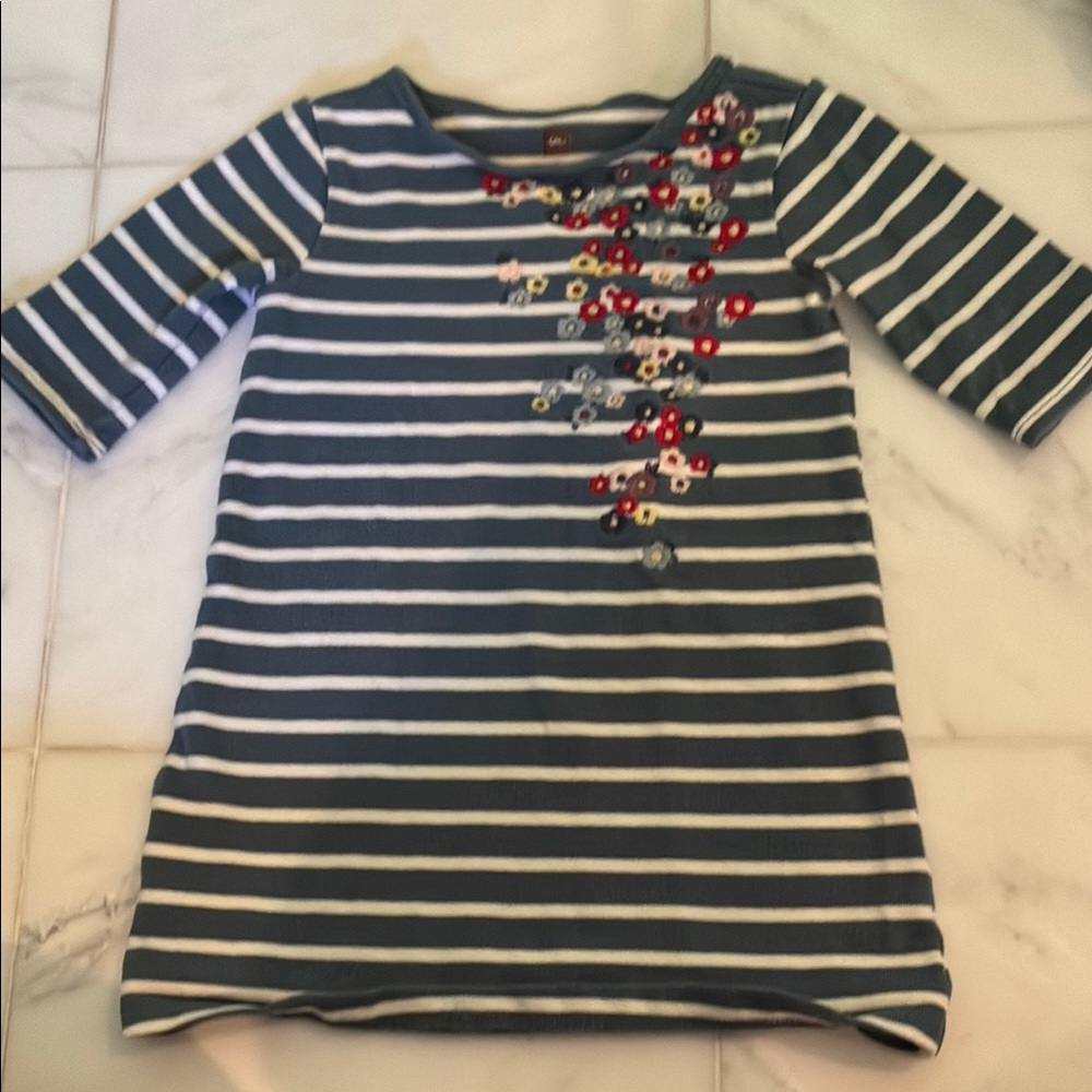 Striped Cotton Dress with floral embroidery